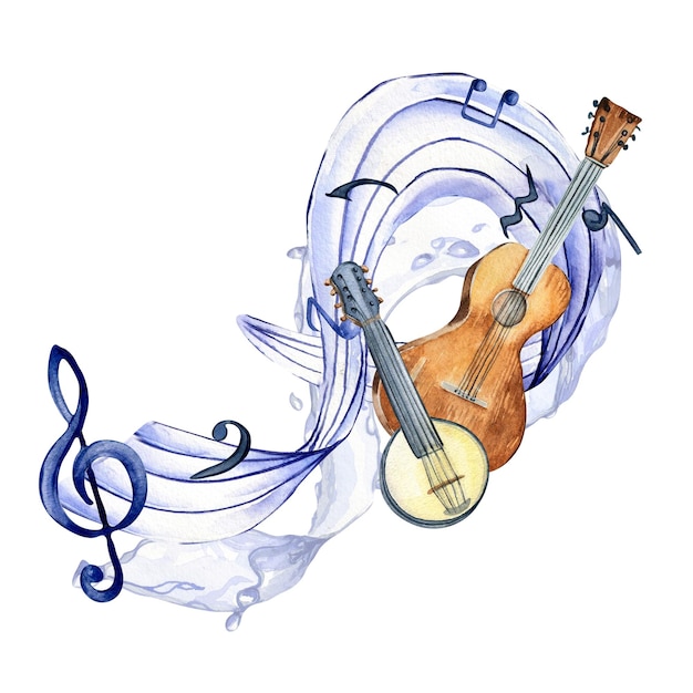 Treble clef musical notes and banjo watercolor illustration on white