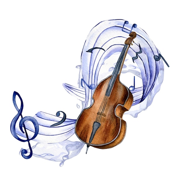 Treble clef musical notes and contrabass watercolor illustration on white