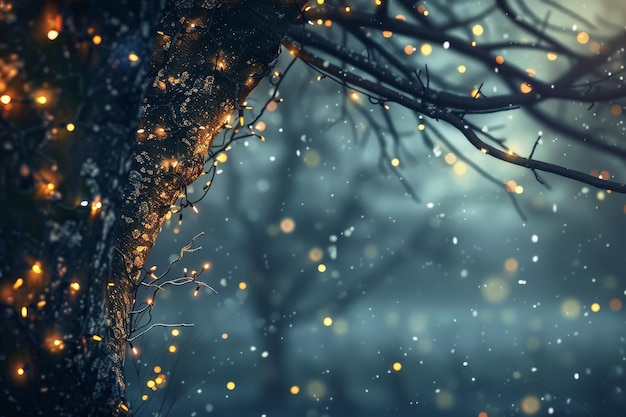 A tree adorned with numerous fairy lights creating a dazzling and magical display Create a serene scene with twinkling fairy lights against a soft dark background