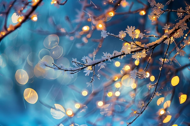 A tree adorned with snow stands against a backdrop of glowing lights on a frosty evening Glittering lights on a frosty evening