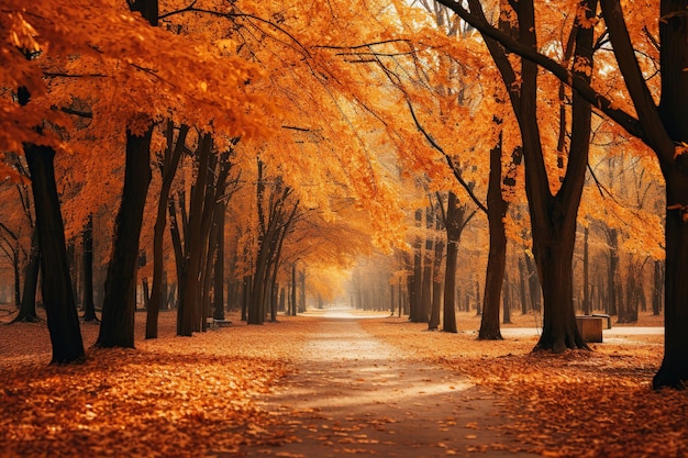 Tree alley in the park in autumn time