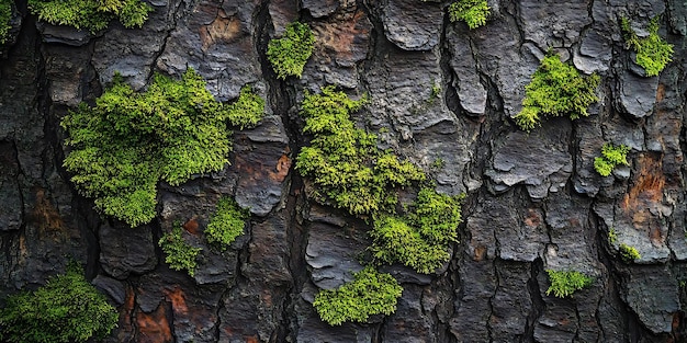 Tree Bark Texture with Green Moss Photo