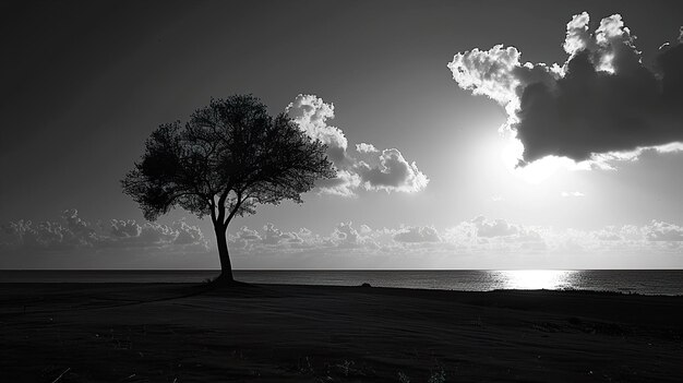 a tree on the beach is silhouetted against the sky