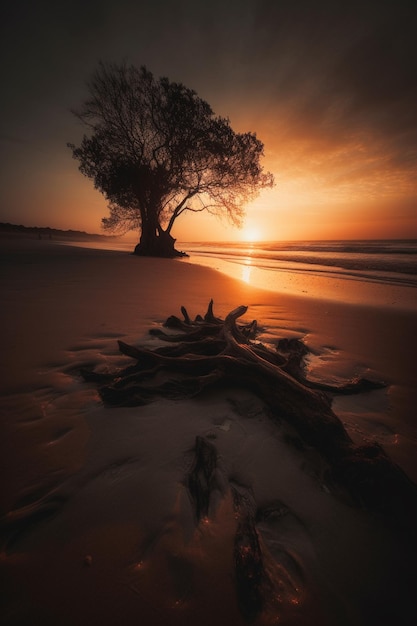 A tree on the beach at sunset with the sun setting behind it.