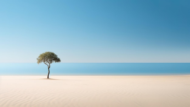 A tree on a beach with the blue sea in the background