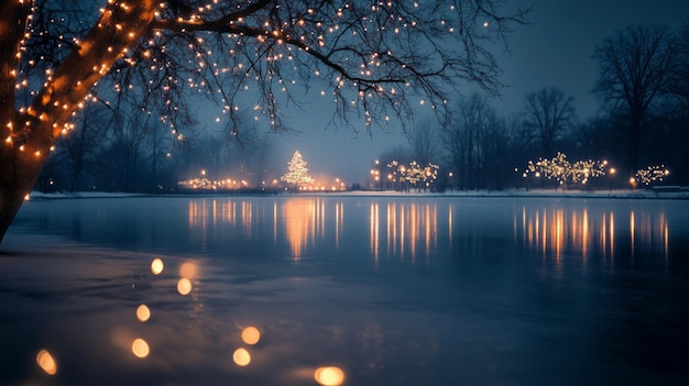 Photo a tree branch adorned with warm lights casting reflections on a serene lake