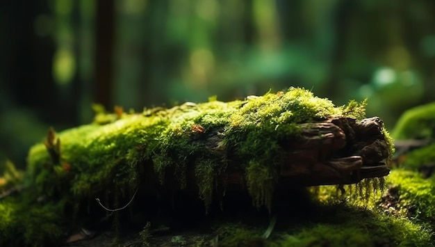 Tree branch covered with green moss in forest AI generated