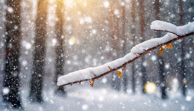 Photo a tree branch covered with snow in the forest during a snowfall