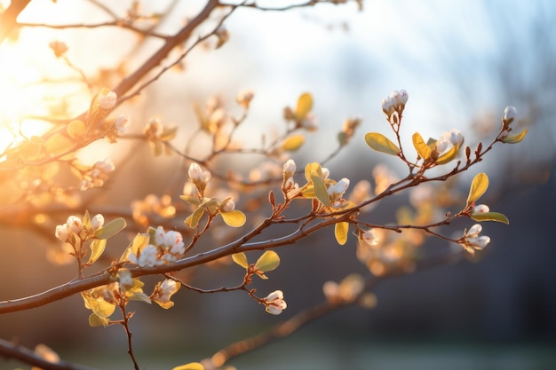 A tree branch in early spring with bursting buds in the early morning sunlight