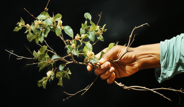 A tree branch in human hand ecology concept AI generated