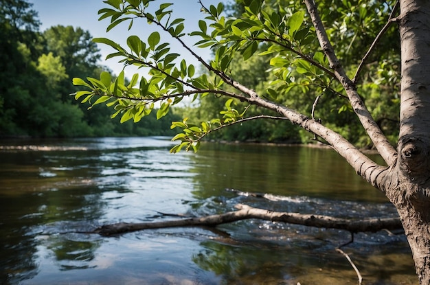 Photo a tree branch is sticking out of the water and the river is in the background