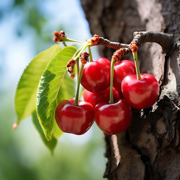 a tree branch with cherries hanging from it