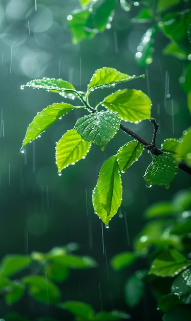 a tree branch with a green leaf that has water on it