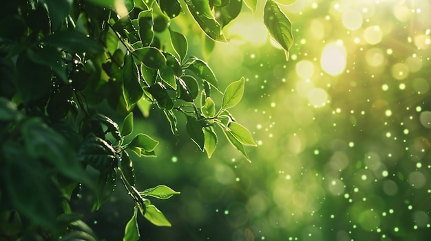 a tree branch with green leaves and the sun shining through the leaves