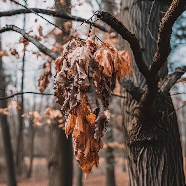 A tree branch with leaves hanging from it and the word fall on it.