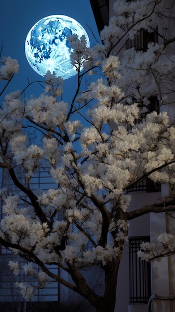 A tree branch with the moon in the background