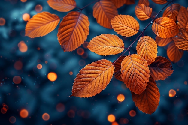 a tree branch with orange leaves that has the light on it