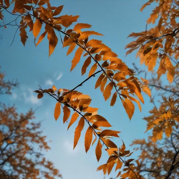 a tree branch with orange leaves that has the word  autumn  on it