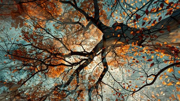 a tree branch with orange leaves in the water