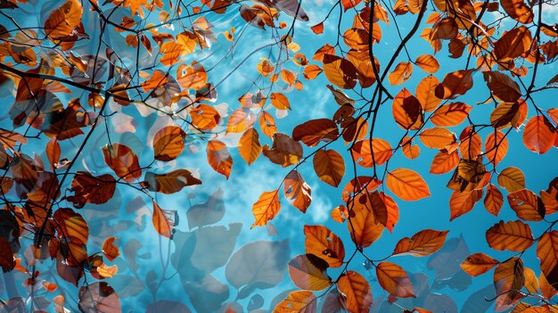 a tree branch with orange leaves in the water