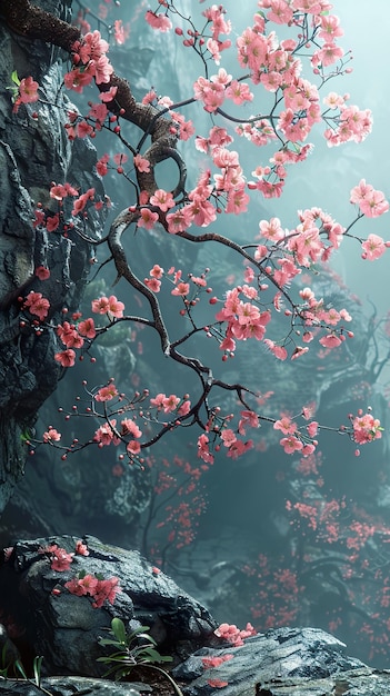 a tree branch with pink flowers on it is floating in the water