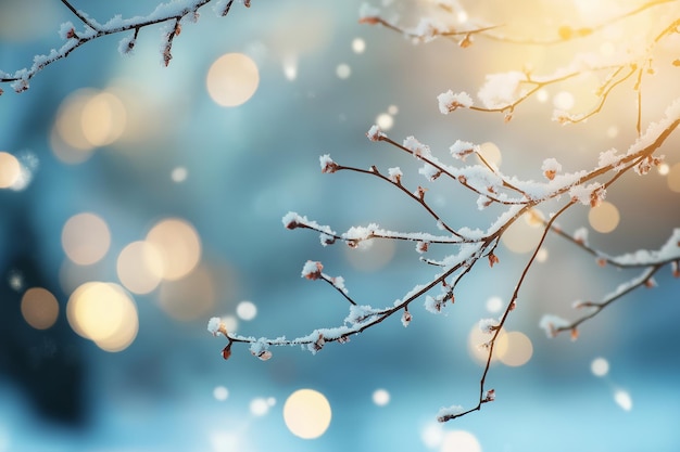 Photo a tree branch with snow on it and the light in the background