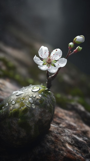 A tree branch with water droplets on it and a flower on it.