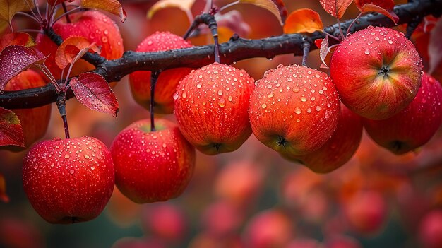 a tree branch with water drops on it and a few red berries