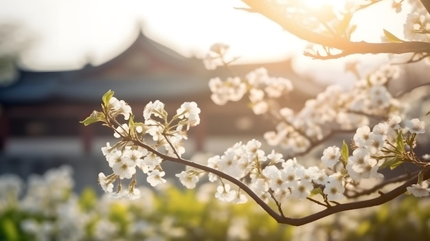 A tree branch with white flowers in front of a chinese temple.