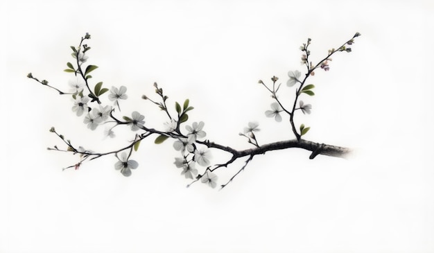 a tree branch with white flowers and a white background