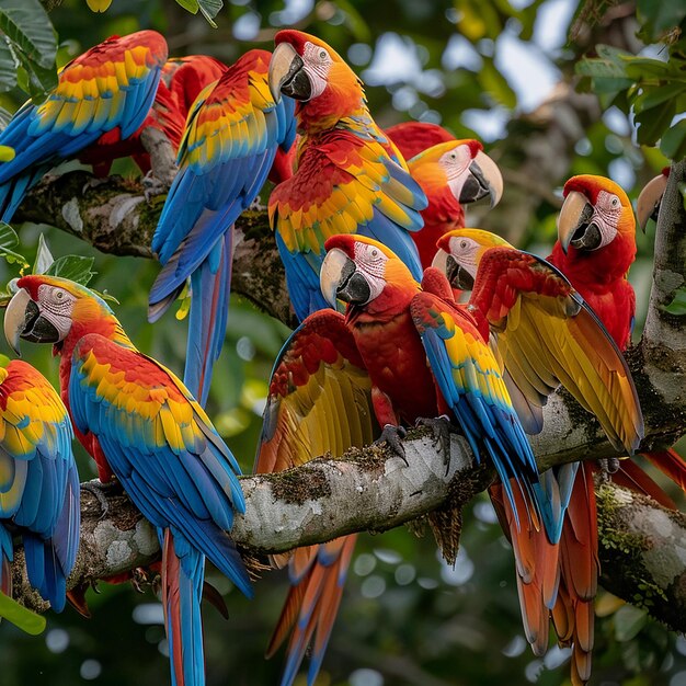 Photo among the tree branches is a group of colorful macaws