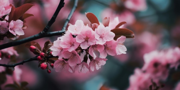 Tree branches with beautiful pink flowers blooming in spring Turquoise Background