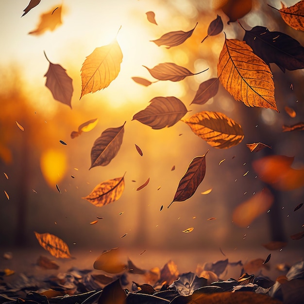 Tree branches with leaves fall against the background of the sunset blur