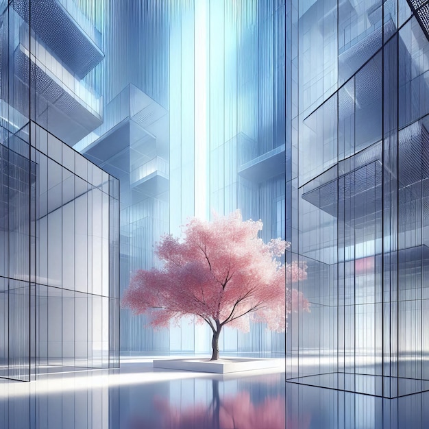 a tree in a building with a reflection of a building in the background