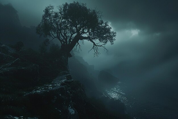 Photo a tree on a cliff with a dark background