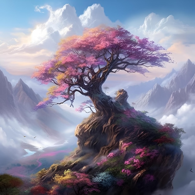 A tree on a cliff with a mountain in the background