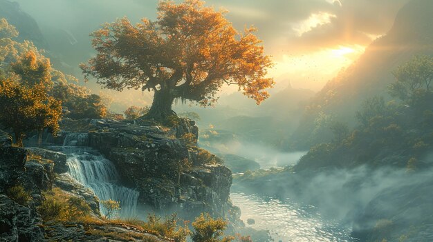 a tree on a cliff with a waterfall in the background