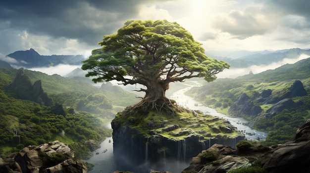 A tree on a cliff with a waterfall in the background