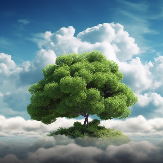 A tree in the clouds with a blue sky and clouds