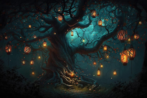 Tree covered in glowing lanterns illuminating the forest