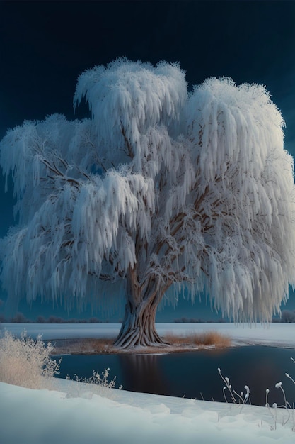 Tree covered in snow next to a body of water generative ai