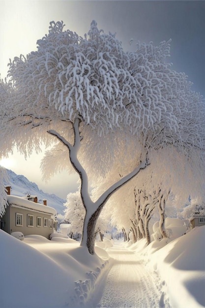 Tree covered in snow next to a house generative ai