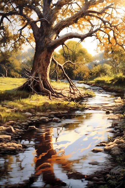 A tree in the creek in the style of pastoral landscape AI generative