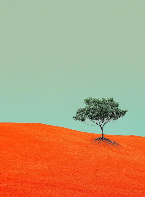 a tree in the desert is in the foreground and the sky is blue