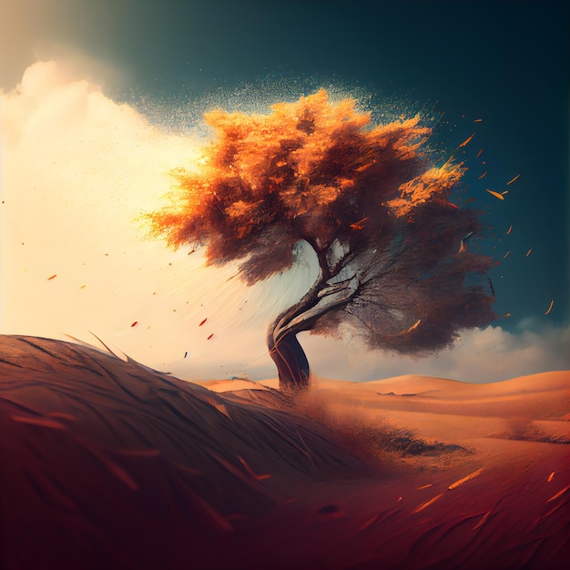 Tree in the desert at sunset 3D illustration Toned