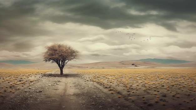 A tree in a desert with birds flying around