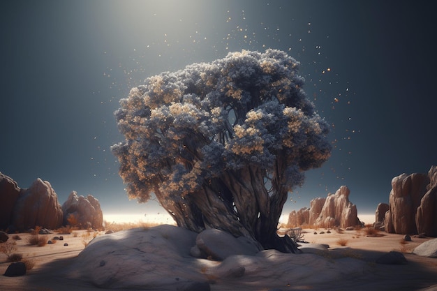 A tree on a desert with a moonlit sky