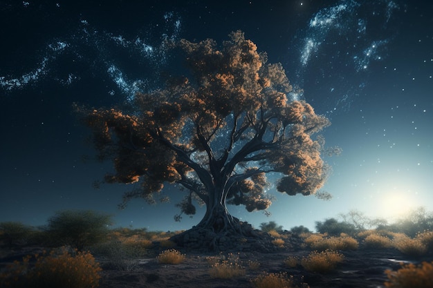 A tree in the desert with the sun shining on it