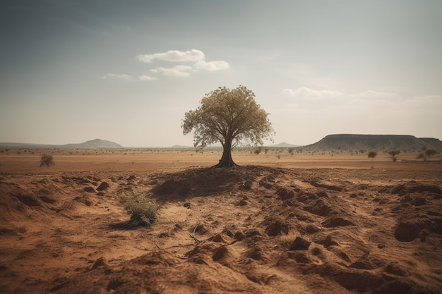 A tree in the desert with the sun shining on it