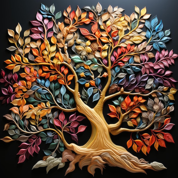 a tree designed with many colors on a dark background